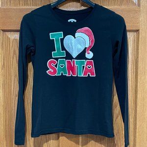 HOLIDAY TIME Girl's XL 14-16 I Love Santa Black Long Sleeve T-Shirt Shirt EUC